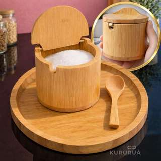 Saleiro de Bambu Premium com Colher e Bandeja | Porta Temperos Elegante e Funcional para Cozinha