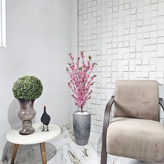 Flor Artificial Cerejeira Rosa Vaso Cone Mármore Pedra Decoração