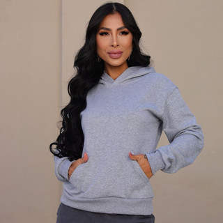 Moletom Feminino Flanelado Com Capuz e Bolso Canguru Casaco De Frio Inverno
