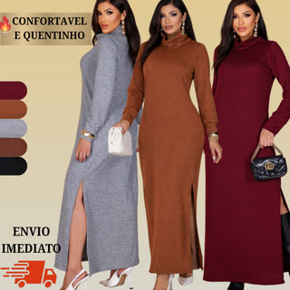 Vestido Longo Feminino Lanzinha Elegante Gola Alta e Manga Longa moda Inverno