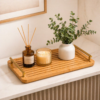Bandeja de Bambu com Alça  Multiuso Decorativa Petisqueira Servir Café Chá Porta Copos Cozinha