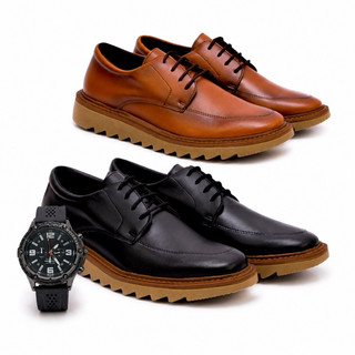 Sapato Oxford Loafer Social Kit 2 pares Com Relógio Masculino Confortável Elegante Trabalho Eventos