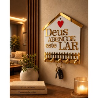 Porta Chave Decorativo em ACM BRANCO/DOURADO  Deus Abençoe Este Lar com 5 Ganchos e Fita Dupla Face
