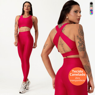 Conjunto Feminino Fitness Canelado Zero Transparencia Legging e Top Academia Treino