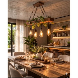 Lustre Rústico de Madeira com Corrente e Folhagem – 4 Pendentes Bivolt