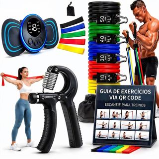 Kit 20 itens: 11 Extensores + Handgrip + 5 Minibands + Massageador + Thera Band