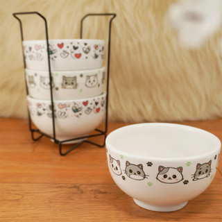 Kit Jogo 4 Tigelas Porcelana Cumbuca Bowl Sopa Açaí Decorada Pet + Suporte