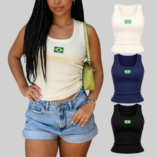 Promoção Kit 3 Blusa Feminina Regata Baby Tee do Brasil de Ribana com Bandeira Bordada