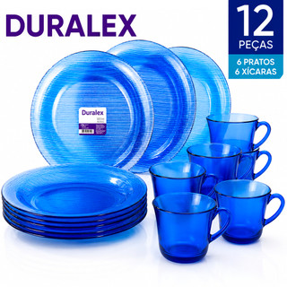 Conjunto Jogo 12 Pçs 6 Pratos Diamante Azul Fundo SKY 22cm Duralex e 6 Xicaras 200ml Vidro Temperado