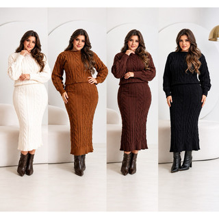 Conjunto Tricot Feminino Mousse Saia Midi e Blusa Inverno