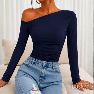 Blusa Feminina Suplex com Manga Longa Comprida Assimétrica Drapeada Verão Elegante Casual Premium