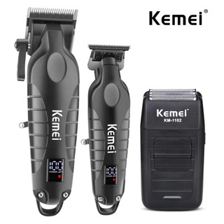 Kit barbeiro Profissional 03 maquinas kemei original corte + acabamento + shaver metal com visor