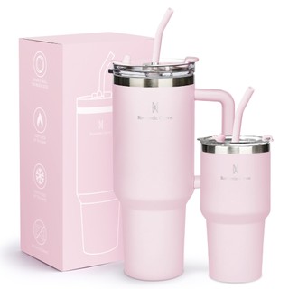ROMANTIC CROWN Kit 2 Copo Térmico Inox Portátil 1200ml/600ml Garrafa Térmica Inoxidável com Tampa e Canudo