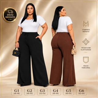 Calça Feminina Plus Size G1 G2 G3 G4 G5 e G6 Wide Leg Confortável com Bolsos