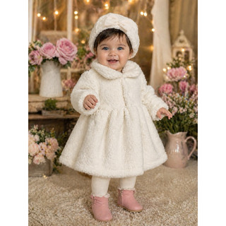 Casaco infantil menina Conjunto Luxo Inverno Casaco Sobretudo Boina com Laço Fofinho Feminino