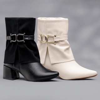 Bota Feminina Bico Fino Blogueira Salto Bloco Shekinah Capa Detalhe Enfeite Lateral Zipper Moda