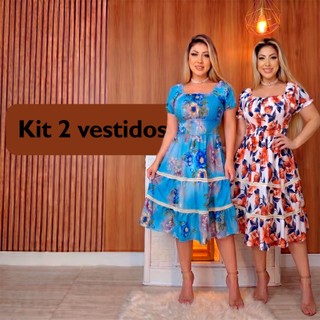 Kit 2 Vestidos Femininos Estampados Casual Leve Elegante Ajuste Perfeito Versátil Festa