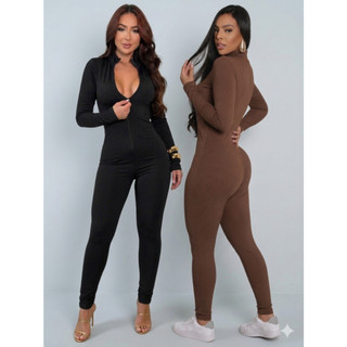 Macacão Feminino Virginia  Manga Longa Calça Canelado Moda Gringa Ziper Frontal Premium