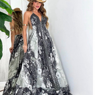 Vestido  Femenina Longo Indiano Estampado Elegante Tecido Crepinho Tamanho Única Veste 38 40 42 44