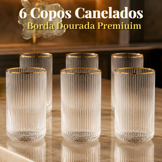 Jogo de Copos Vidro Borda Dourada Canelado 12 ou 6 unidades 420ml Elegante