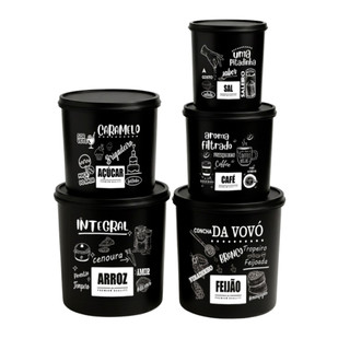 Kit 5 Potes de Mantimentos Plástico Preto PB Frases
