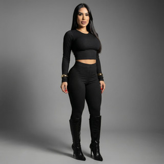 Conjunto Feminino Cropped Manga Longa Calça Legging Ajustada Moda Gringa