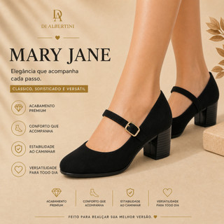 Sapato Boneca Mary Jane Feminino Salto Grosso 4,5cm Confortável Elegante Preto Dia a Dia Trabalho