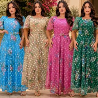 Vestido Moda Evangélico Longo Tule Forrado Floral Poá Manga Bufante Cinto Decote Quadrado Elegante