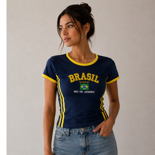 Camiseta do Brasil Feminina Bordada BabyTee Ribana