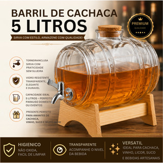 Barril de  Vidro 5 Litros  com Torneira  – Ideal para Drinks, Sucos e Presente