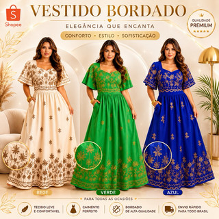 Vestido moda evangélica elegante luxo duna bordado maravilhoso