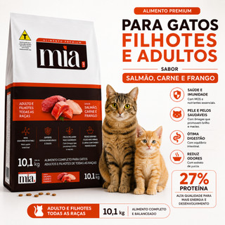 Ração Gato Filhote e Adulto 10kg Mia Cat Sabor Carne Salmão e Frango