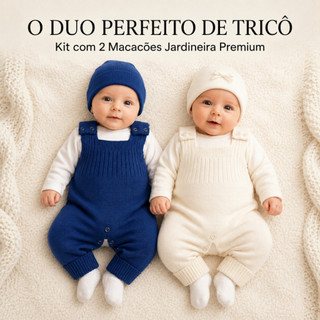 Kit 2 Jardineiras Tricot Premium Bebê Unissex Vira-Pé Integrado Macacão Romper