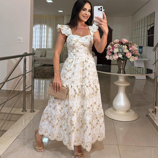 Vestido Mídi Evangélico Feminino 100% Algodão Babado 3D Romântico Elegante para Culto e Eventos