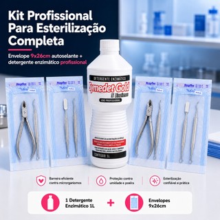 100 Envelope Para Esterilização autoclave  manicure 9x26cm  kit Detergente Enzimático 1L Prolink