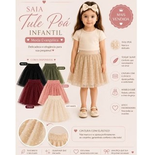 Saia tule poá infantil moda evangélica menina