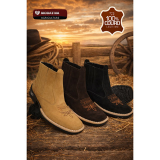 Botina Country Texana Masculina Feminina Couro Nobuck Legitimo Western Quadrado Marrom Preta Amarela