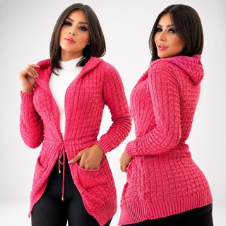 Casaco Feminino Inverno Cardigã Capuz E Bolso Tricot Parka Kimono