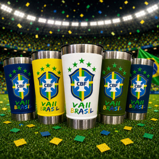 Copo Térmico BRASIL Personalizado com Nome | Escudo Resinado DTF UV e Gravação a Laser 473ml Tampa + Abridor