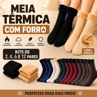 kit Com 2,4,6,12 Pares Meia de Termica Forrada Grossa Inverno Peluciada Unissex Quentinha