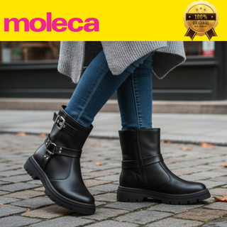 Bota Feminina Moleca Cano Médio Solado Tratorado Salto Baixo Confortável Bico Redondo Zíper Fivela 5344209 Original