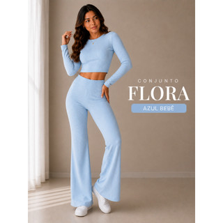 Conjunto Feminino Calça Flare Cintura Alta + Cropped Manga Longa Modela Corpo Não Marca