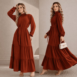 Vestido Feminino De Inverno Manga Longa Gola Alta Moda Cristã Evangélica Com Zero Transparência