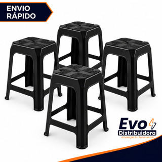 Kit de 4 Banqueta de Plástico Banquinho Reforçado Preto Banco Suporta Até 120Kg