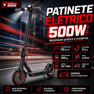 Patinete Elétrico Dobrável Para Adultos 500W  Capacidade de Carga de 100KG 30 km/h Alto Desempenho