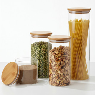 Kit Potes Herméticos de Vidro com Tampa de Bambu – 4 Peças