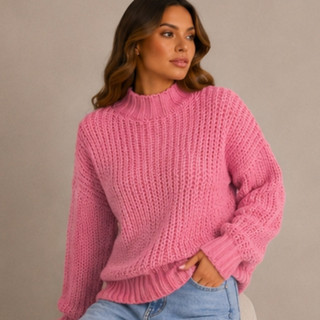 Blusa de Frio Feminina Gola Alta Tricot Pontão Manga Longa Blusa Feminina Estilosa Inverno Chic