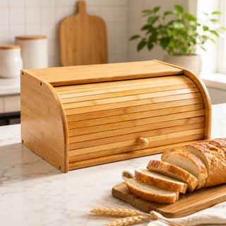 Porta Pães Bambu Grande Premium  com tampa retrátil Baú de armazenamento cozinha organizada
