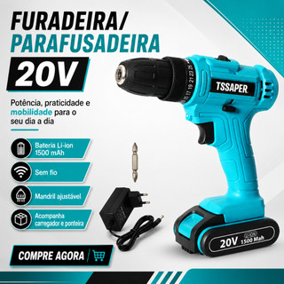 Furadeira Parafusadeira 20V Bateria Lítio 1500mAh Mandril 10mm 32Nm Com Led e Carregador - TSSAPER