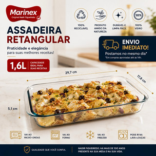 Assadeira Lazanheira Retangular 1,6L Marinex  Vidro Temperado Resistente ao Forno Assar Servir Nadir